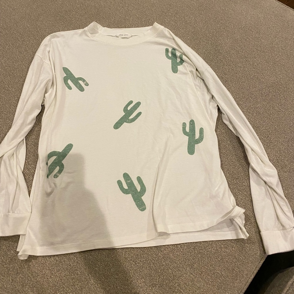 White Long Sleeve Shirt with Green Cactus Print